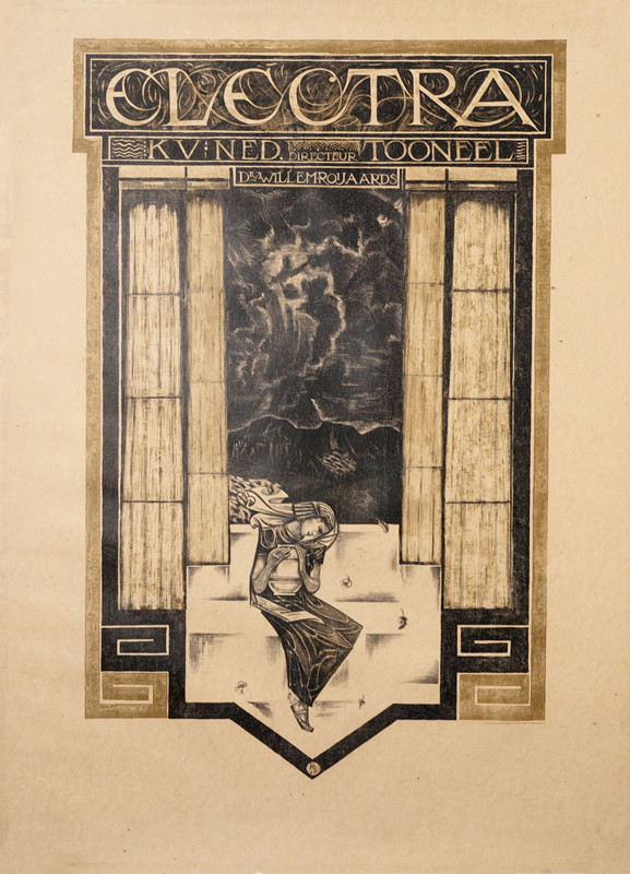 WOMAN IN WINDOW, HOLDING JAR; brown, gold