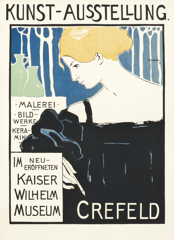 Blonde woman with paintbrush, woods and vases behind; blue, black, yellow, green