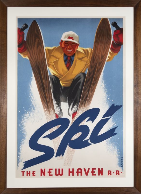 Nattily clad Deco skier zooms out toward viewer; blue, red, brown, yellow