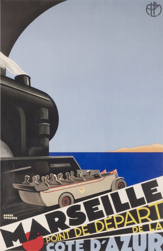 Train and autocar bus head towards sea; blue, orange, black