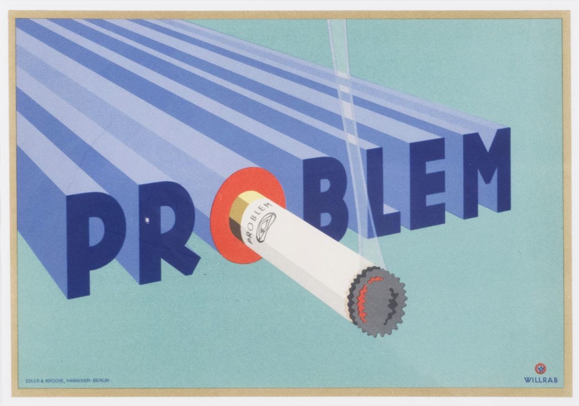 The word problem in bold typeface with lit cigarette protruding from the letter O; blue, red, black, gold
