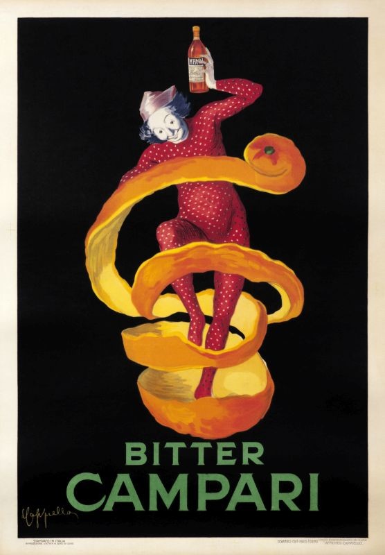 Jester in red costume emerges from orange peel holding bottle; orange, black, green