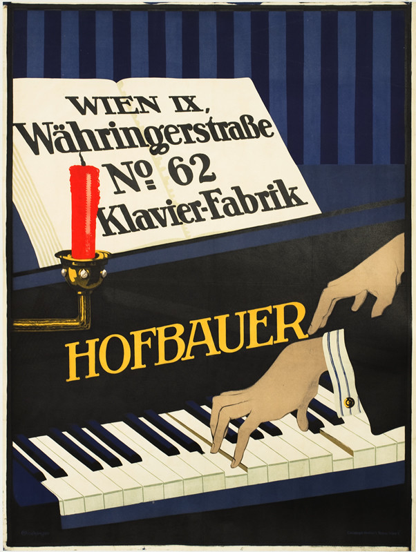 Man's hands playing Hofbauer brand piano, candle burning, music sheets piano store's address; black, blue, red, gray