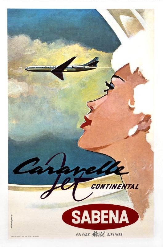 Elegant woman watches a Caravelle jet flying from her car; blue, white