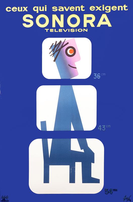Schematic cartoon man sits in profile, three abstract televisions along his body; blue, white, pink, yellow