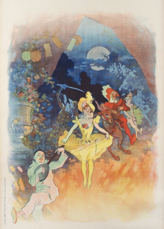 Musicians and a festival scene with moon in the background; red, blue, yellow, orange, red